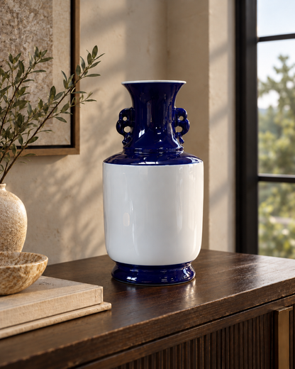 Blue & White Ceramic Vase with Ornate Handles