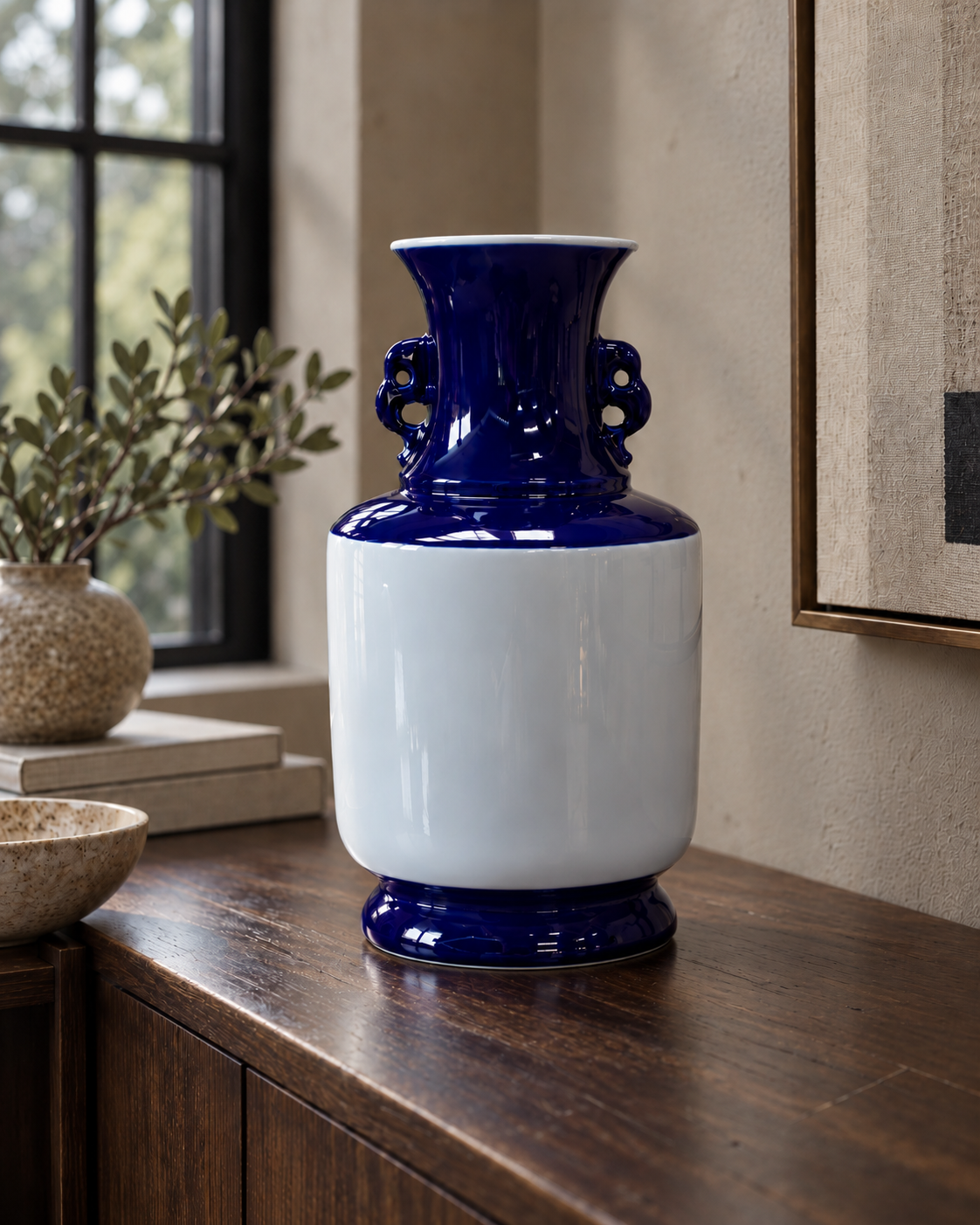 Blue & White Ceramic Vase with Ornate Handles