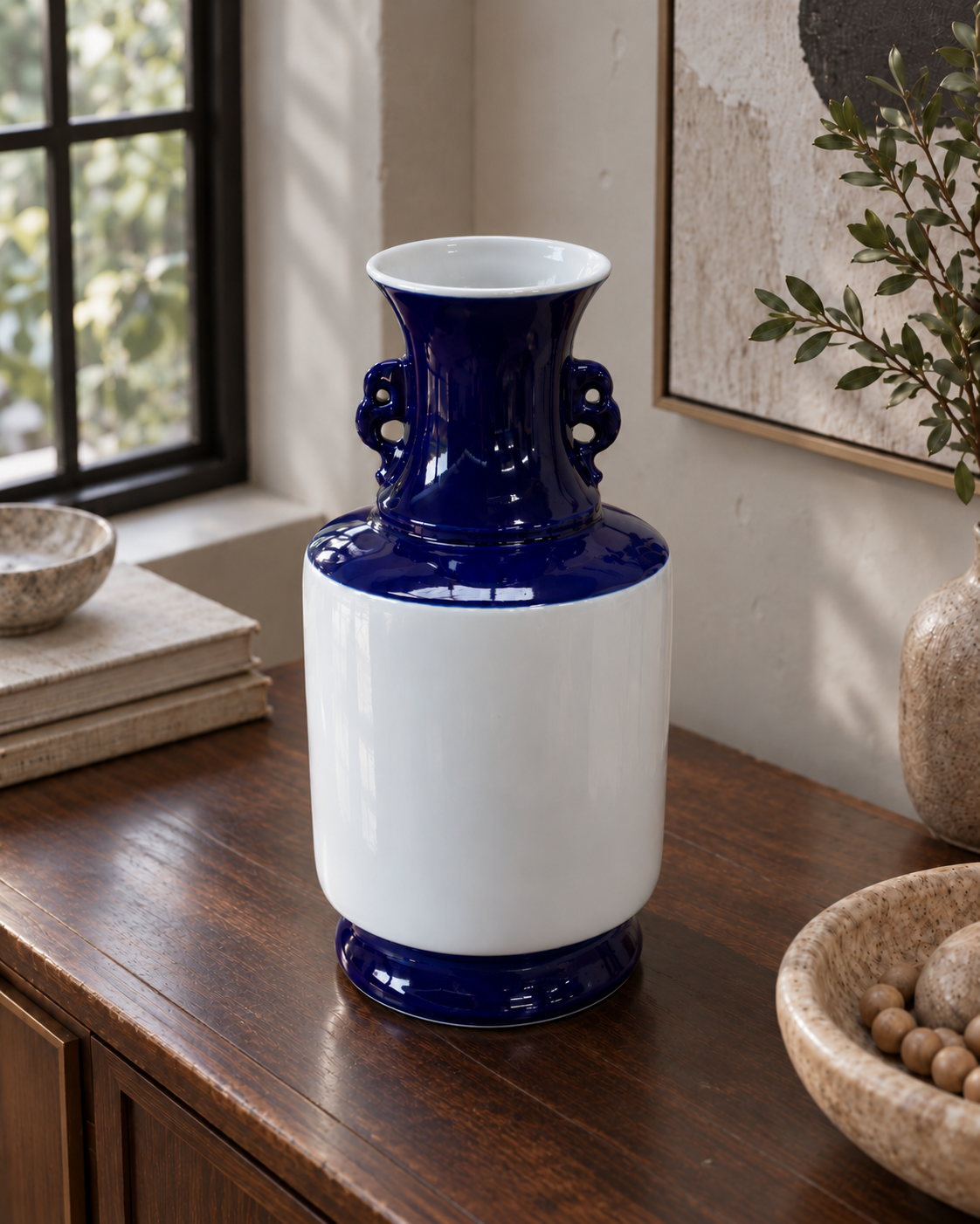 Blue & White Ceramic Vase with Ornate Handles