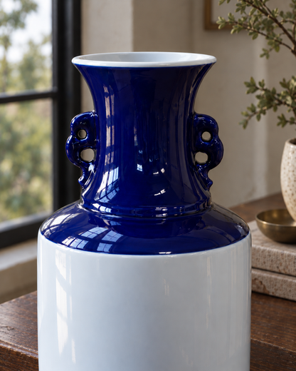 Blue & White Ceramic Vase with Ornate Handles