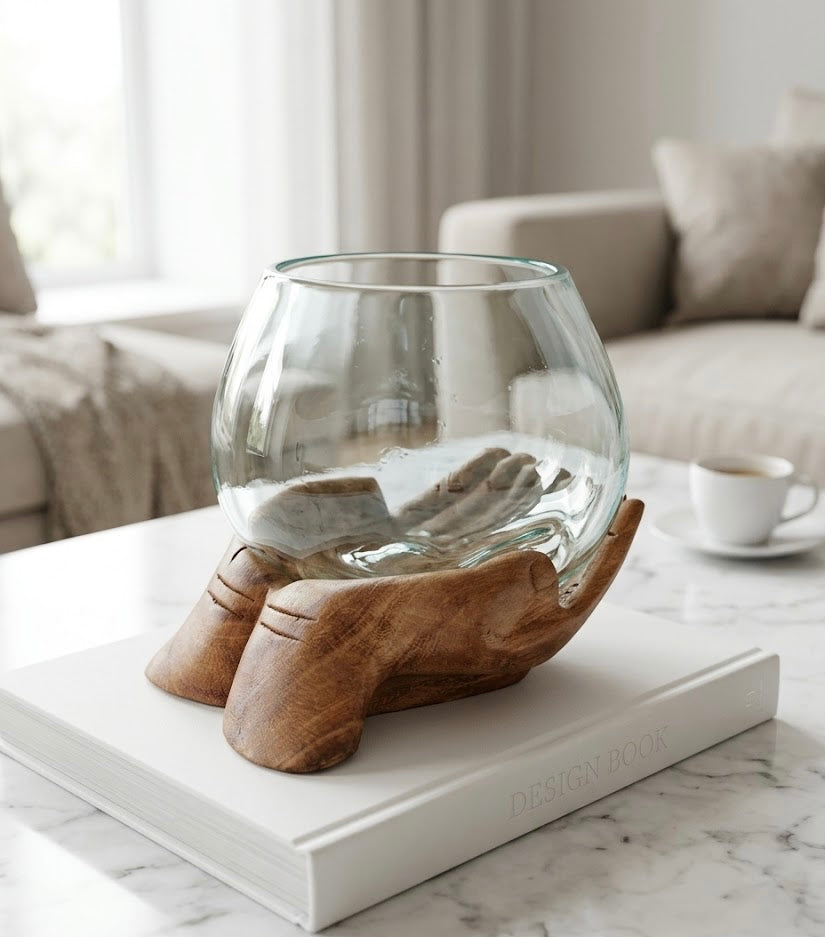 Handcrafted Wooden Hands Glass Planter Artistic bowl- The artisans palm
