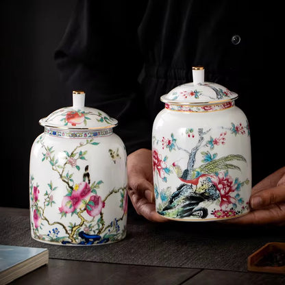 Imported Chinese Porcelain Tea ginger Jars With Lids Jingdezhen Hand-Painted bird floral Ceramic Style white pottery golden top Container spices