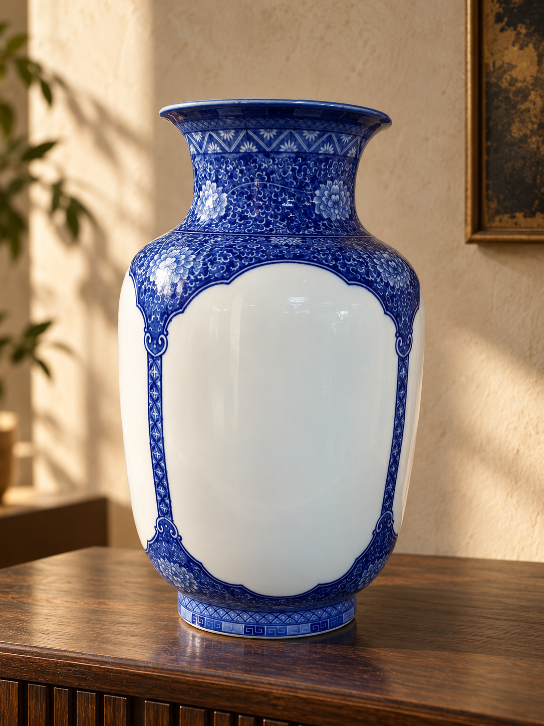 Blue & White Ceramic Vase – Ornamental Panel Design