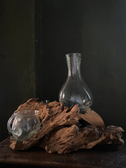 Big sized 3 moltenglass bowl on teak driftwood vase