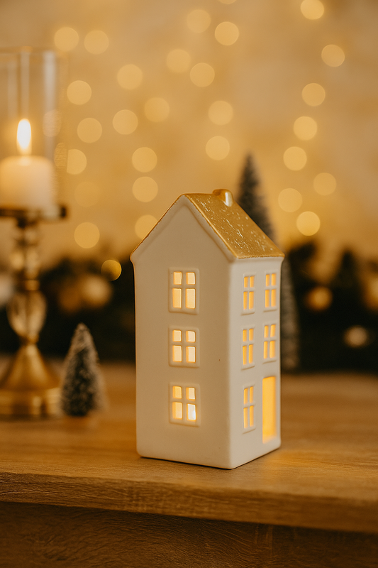 Ceramic led Warm Light White Golden Miniature House Shaped Christmas showpiece