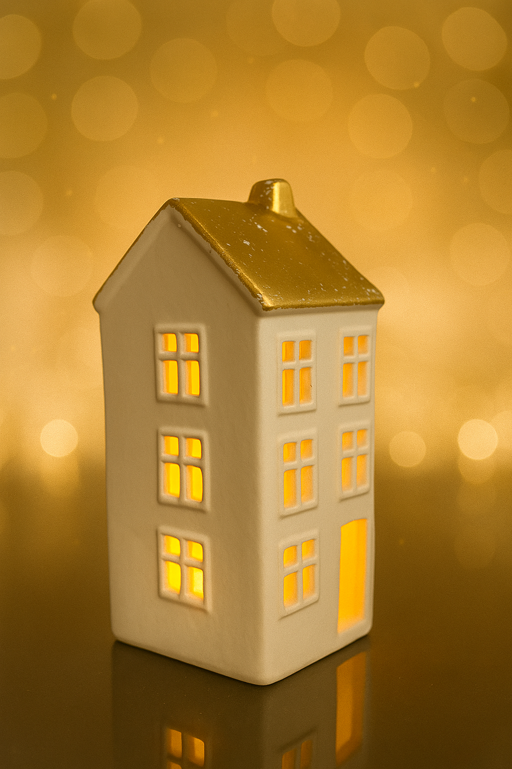 Ceramic led Warm Light White Golden Miniature House Shaped Christmas showpiece