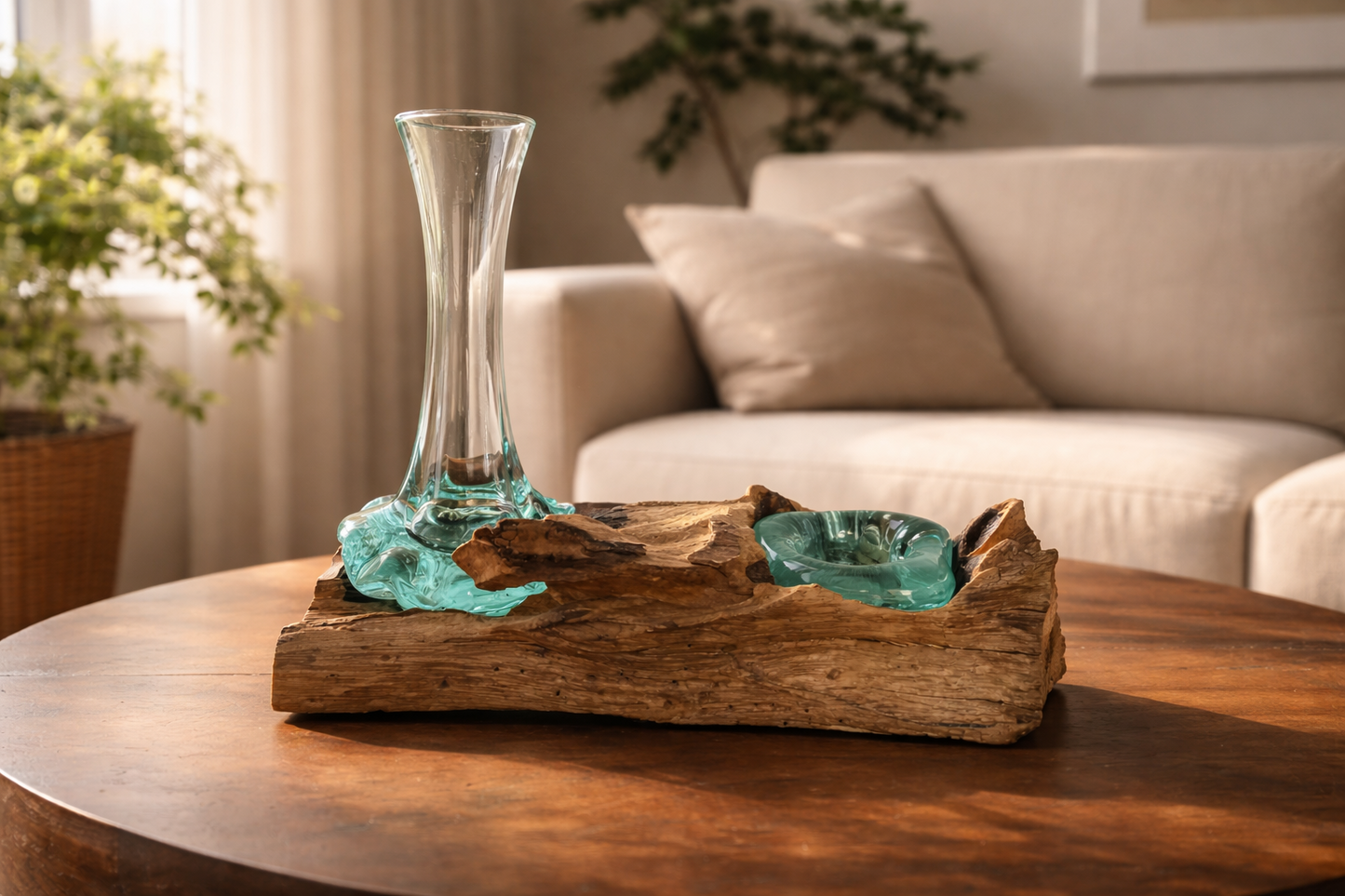 Handcrafted Molten Glass Driftwood Vase & Candle Holder -AquaFlame