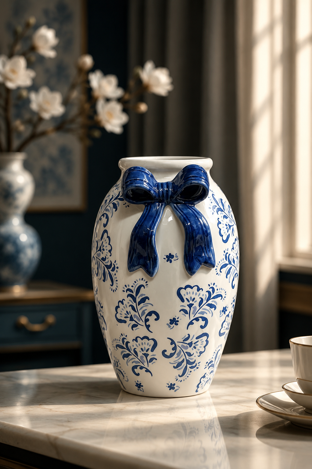 Blue Bow Porcelain Decorative Vase Handcrafted Floral Ceramic Accent for Modern & Vintage Home Décor