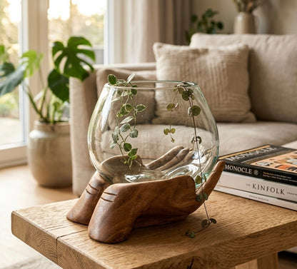 Handcrafted Wooden Hands Glass Planter Artistic bowl- The artisans palm