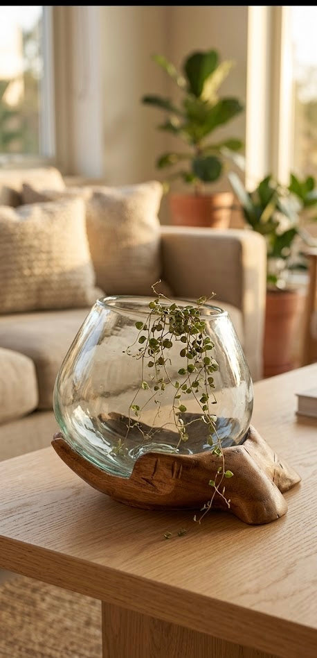 Handcrafted Wooden Hands Glass Planter Artistic bowl- The artisans palm