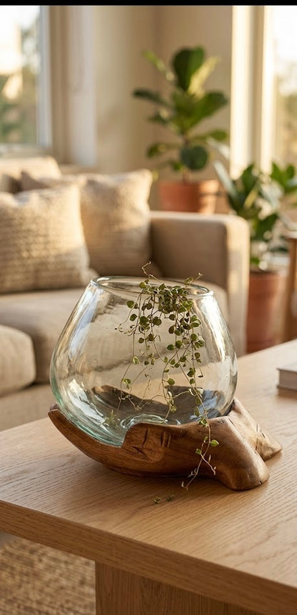 Handcrafted Wooden Hands Glass Planter Artistic bowl- The artisans palm