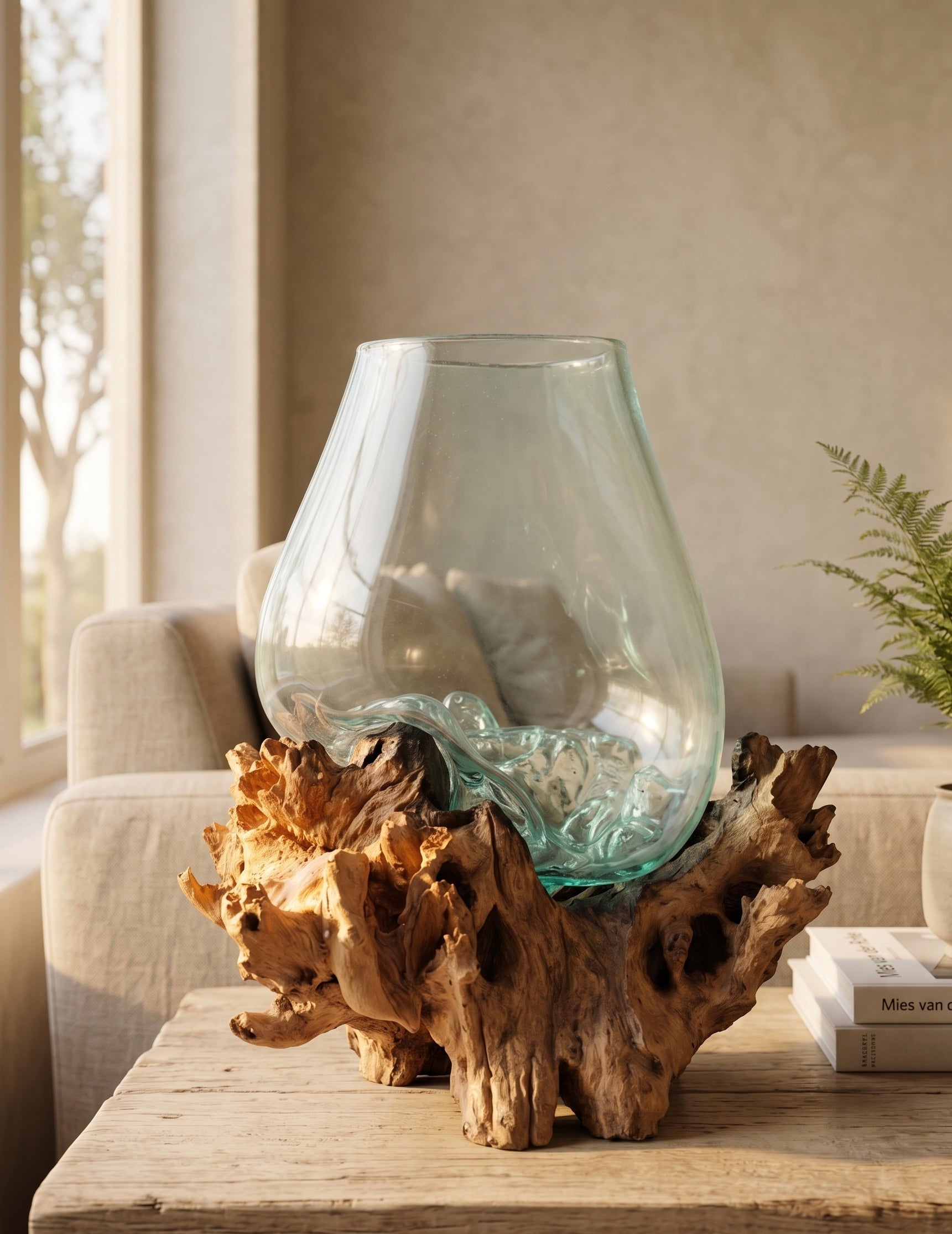 Decorative Bali driftwood glass bowl for coffee table