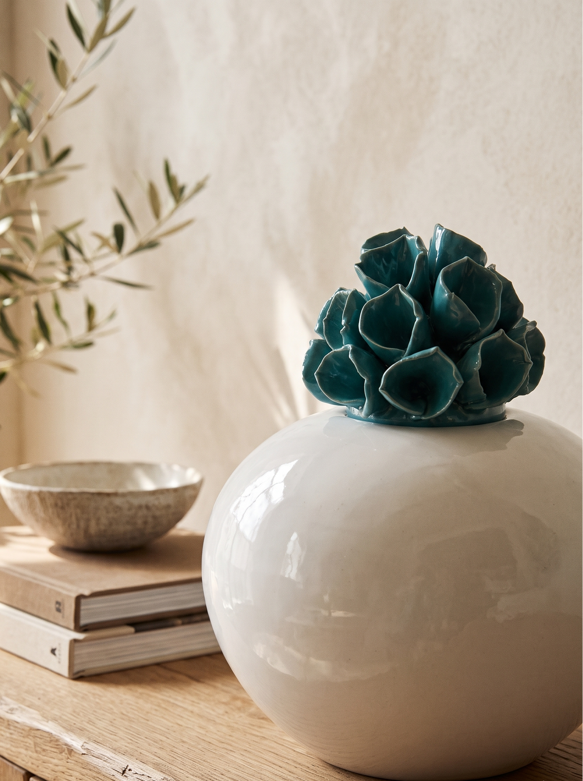 White Ceramic Globe Jar with Teal Succulent Lid