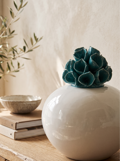 White Ceramic Globe Jar with Teal Succulent Lid