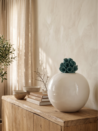 White Ceramic Globe Jar with Teal Succulent Lid