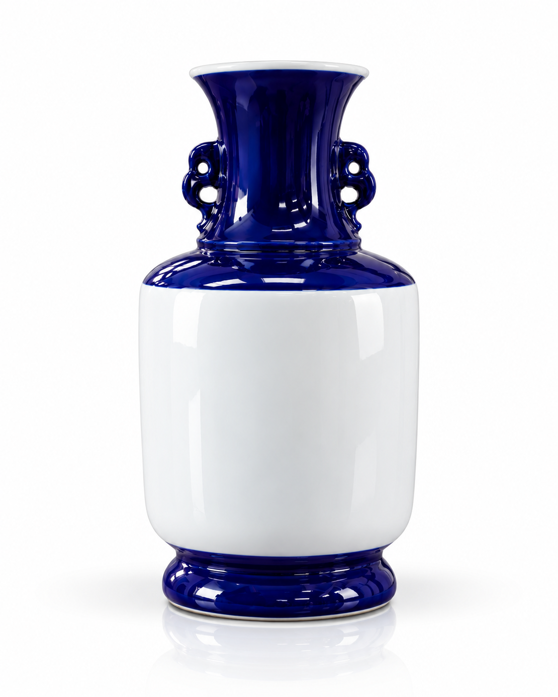 Blue & White Ceramic Vase with Ornate Handles