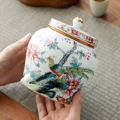 Imported Chinese Porcelain Tea ginger Jars With Lids Jingdezhen Hand-Painted bird floral Ceramic kitchen Storage Canisters Style white pottery golden top home decor Famille Enamel Container spices