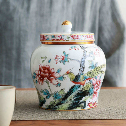 Imported Chinese Porcelain Tea ginger Jars With Lids Jingdezhen Hand-Painted bird floral Ceramic kitchen Storage Canisters Style white pottery golden top home decor Famille Enamel Container spices