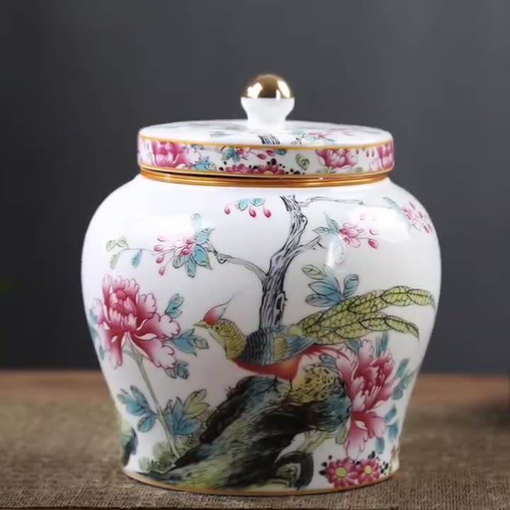 Imported Chinese Porcelain Tea ginger Jars With Lids Jingdezhen Hand-Painted bird floral Ceramic kitchen Storage Canisters Style white pottery golden top home decor Famille Enamel Container spices