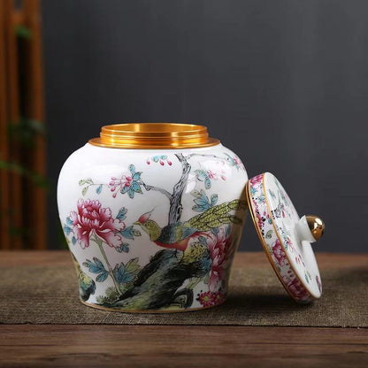 Imported Chinese Porcelain Tea ginger Jars With Lids Jingdezhen Hand-Painted bird floral Ceramic kitchen Storage Canisters Style white pottery golden top home decor Famille Enamel Container spices