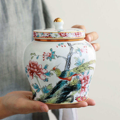Imported Chinese Porcelain Tea ginger Jars With Lids Jingdezhen Hand-Painted bird floral Ceramic kitchen Storage Canisters Style white pottery golden top home decor Famille Enamel Container spices