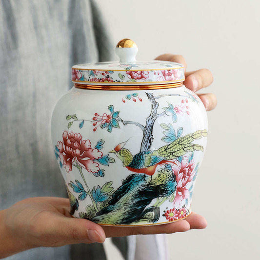 Imported Chinese Porcelain Tea ginger Jars With Lids Jingdezhen Hand-Painted bird floral Ceramic kitchen Storage Canisters Style white pottery golden top home decor Famille Enamel Container spices