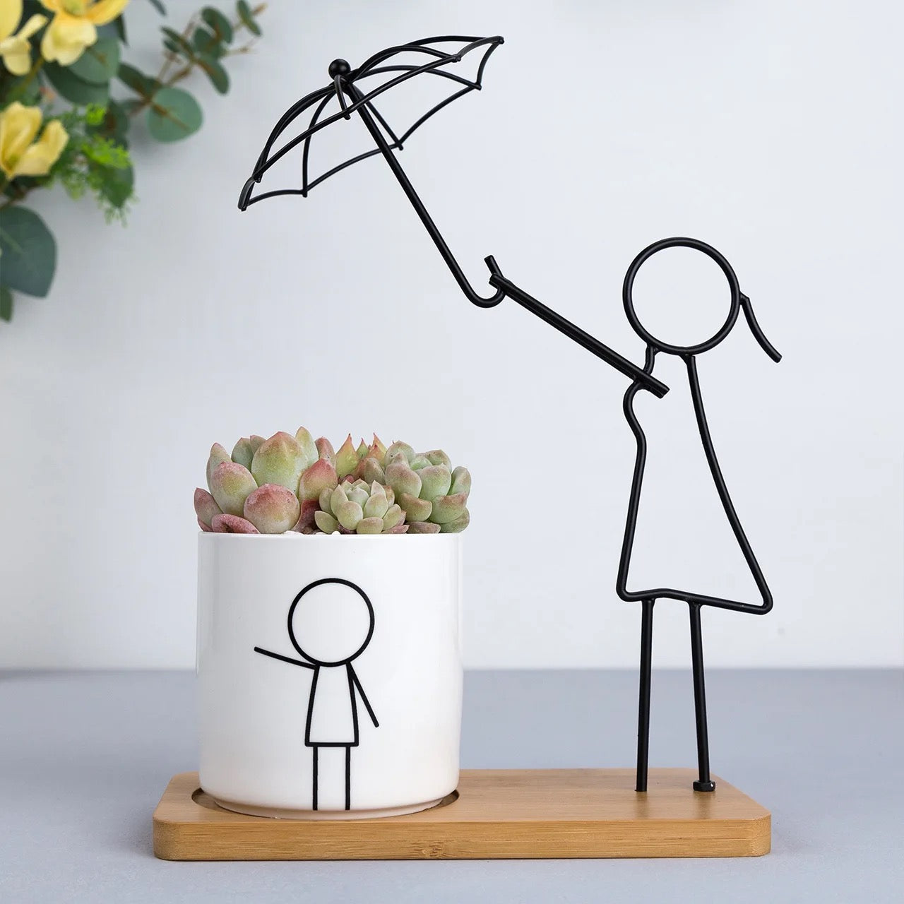 Family Themed Metallic stand with wooden base and Ceramic Planter