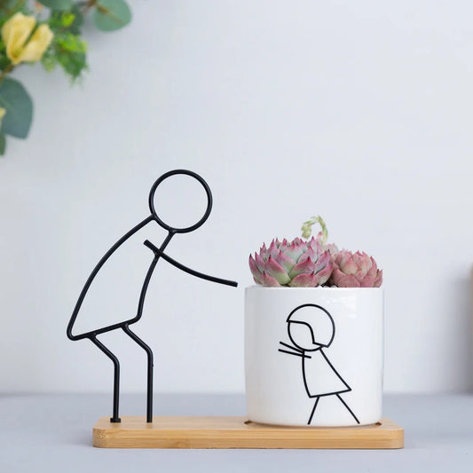 Couple themed ceramic planter and wooden base combo 02