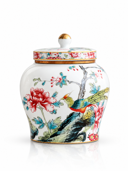 Imported Chinese Porcelain Tea ginger Jars With Lids Jingdezhen Hand-Painted bird floral Ceramic kitchen Storage Canisters Style white pottery golden top home decor Famille Enamel Container spices