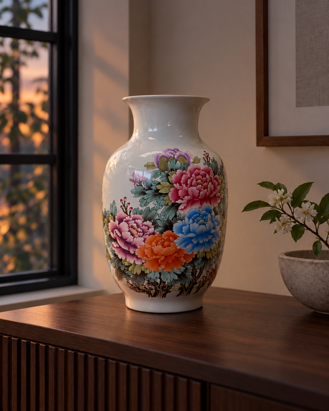 Multicolour Floral Ceramic Vase with Botanical Artwork – Prosperity
