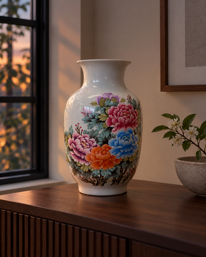 Multicolour Floral Ceramic Vase with Botanical Artwork – Prosperity