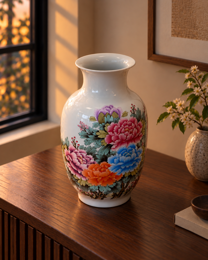 Multicolour Floral Ceramic Vase with Botanical Artwork – Prosperity