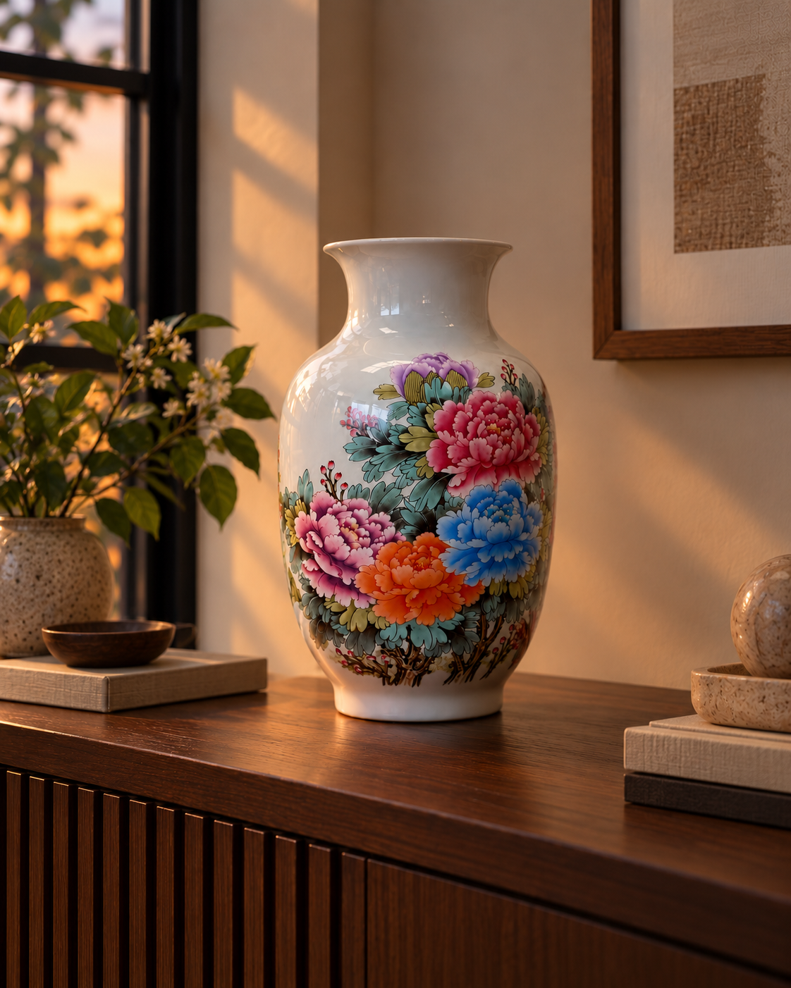Multicolour Floral Ceramic Vase with Botanical Artwork – Prosperity