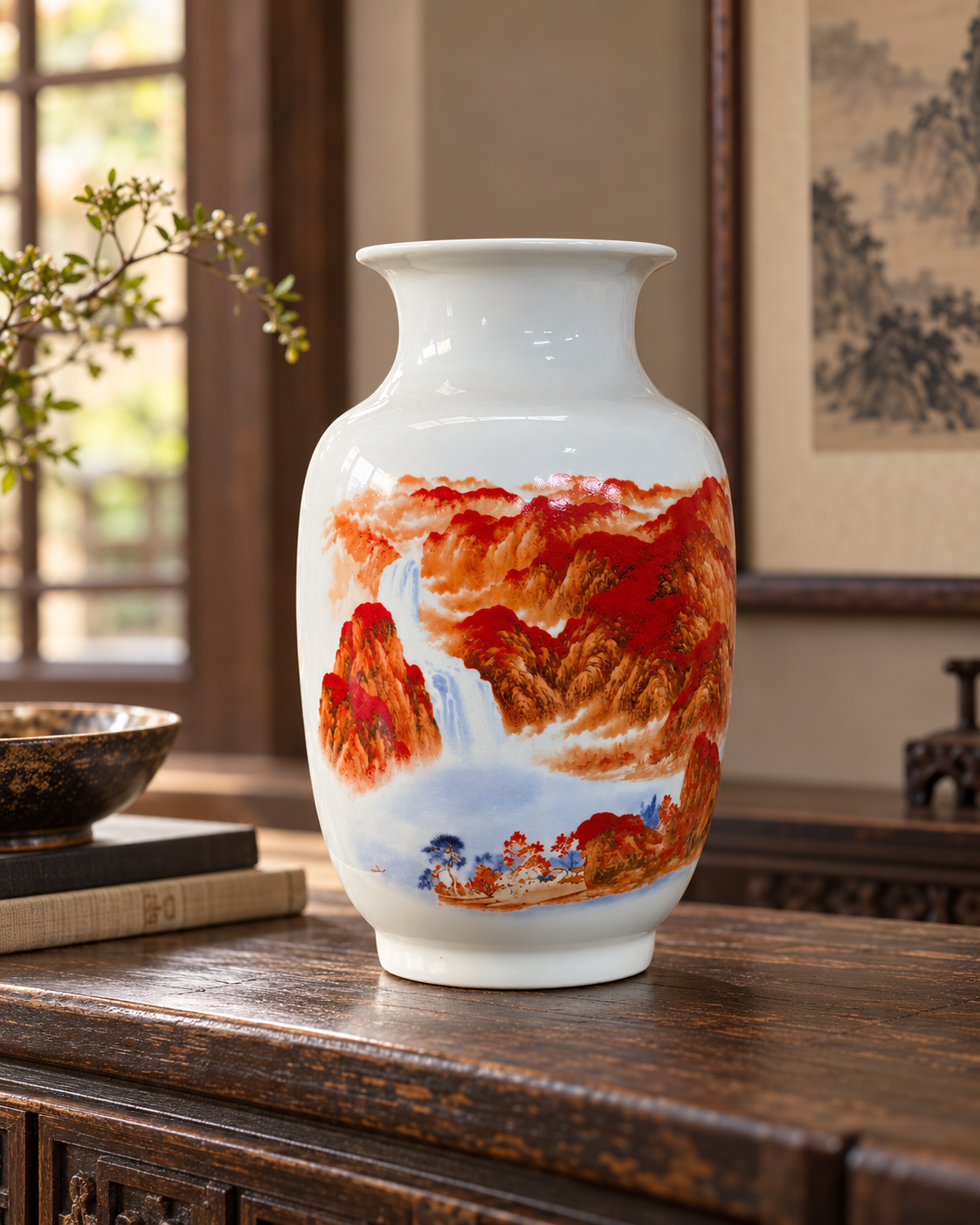Traditional Landscape Ceramic Decorative Vase-Red Fortune