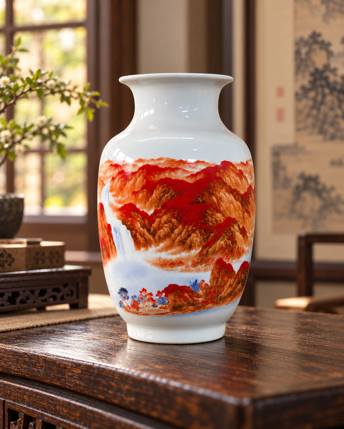 Traditional Landscape Ceramic Decorative Vase-Red Fortune