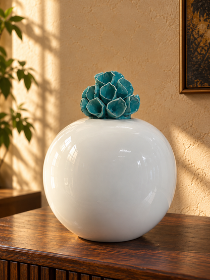 White Ceramic Globe Jar with Teal Succulent Lid