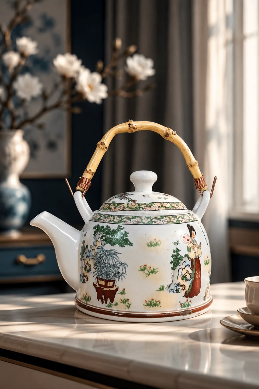 Chinese Vintage Porcelain Teapot with Bamboo Handle | Handcrafted Oriental Tea Pot | Decorative & Functional Tea Server