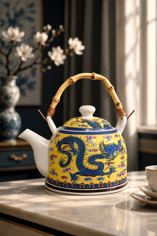 Chinese Vintage yellow Porcelain Teapot with Bamboo Handle | Handcrafted Oriental Tea Pot | Decorative & Functional Tea Server