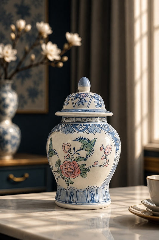 Imperial Bloom Porcelain Ginger Jar with Lid – 10.8 Inch | Luxury Chinese-Inspired Decorative Jar