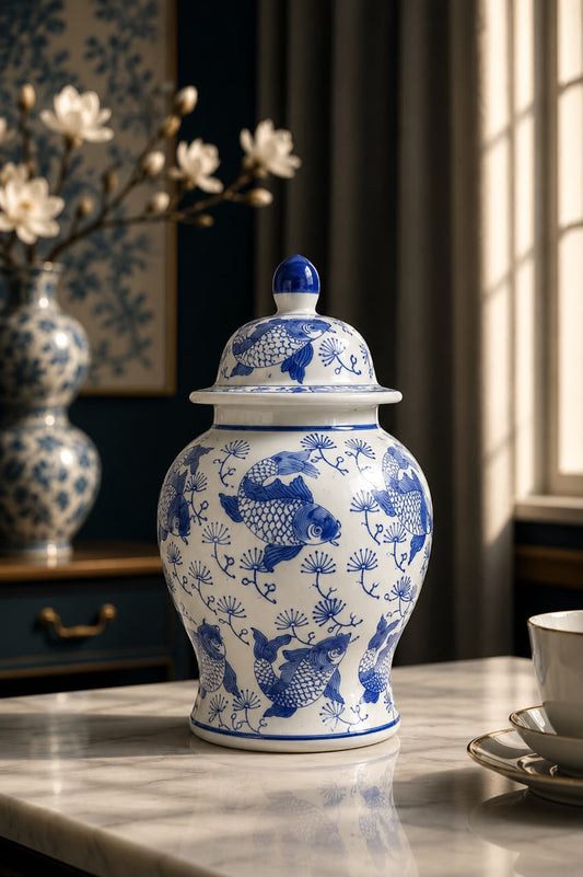 Imperial Koi Porcelain Ginger Jar with Lid – 10.8 Inch | Luxury Blue & White Decorative Jar