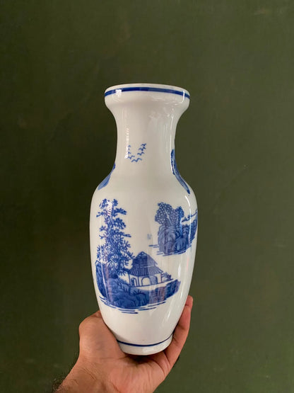 Imported Blue & White Chinese Porcelain Decorative Vase | Luxury Chinoiserie Ceramic Flower Vase | Landscape Design