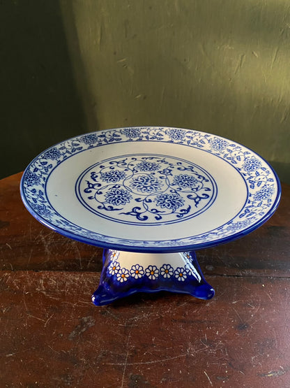 Blue & White Floral Ceramic Pedestal Stand