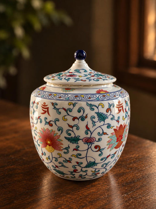 Ceramic Ginger Jar with Lid Decorative Lotus Flower Jar Home Decor Living Room Console Table