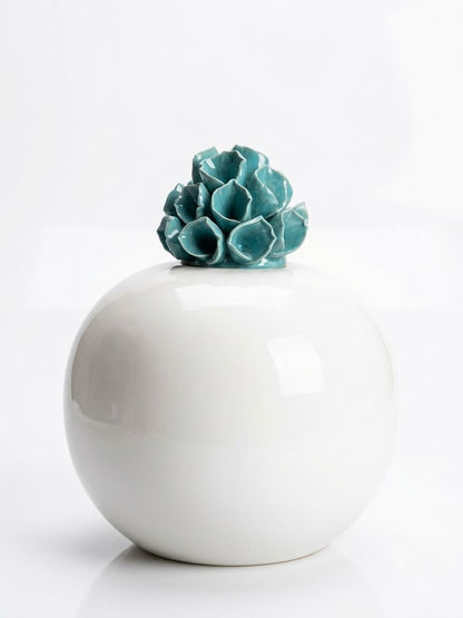White Ceramic Globe Jar with Teal Succulent Lid
