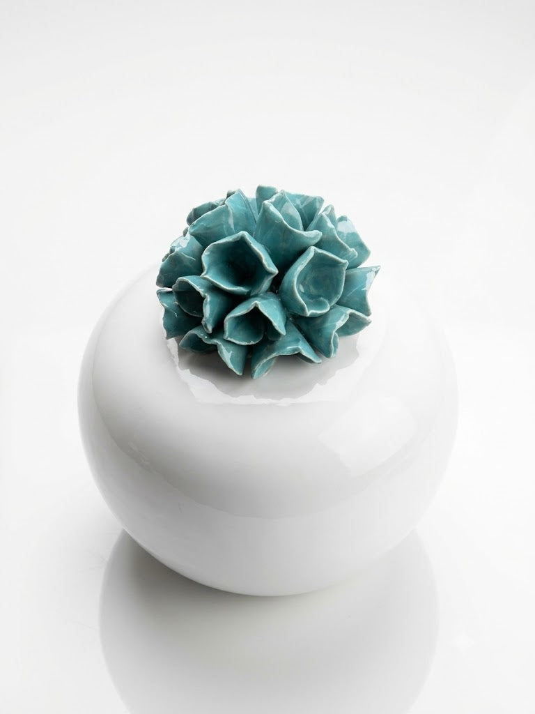 White Ceramic Globe Jar with Teal Succulent Lid