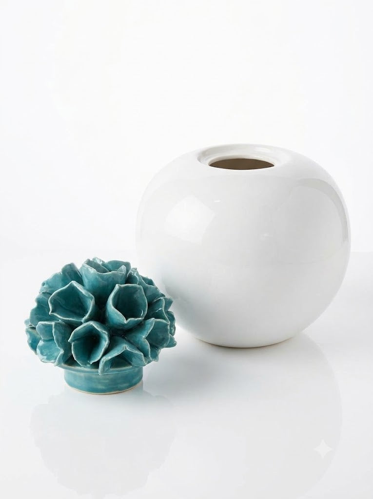 White Ceramic Globe Jar with Teal Succulent Lid